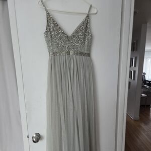 Anthropologie BHLDN Silver Beaded Tulle Maxi Dress